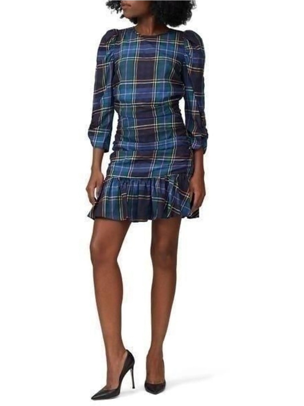 Tanya Taylor Navy & Green Raven Plaid Ruched Puff Long Sleeve Dress Size 12